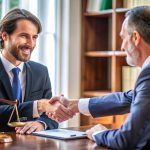 Smiling lawyer shaking hands with a client in an office setting, highlighting successful case acceptance for contingency basis