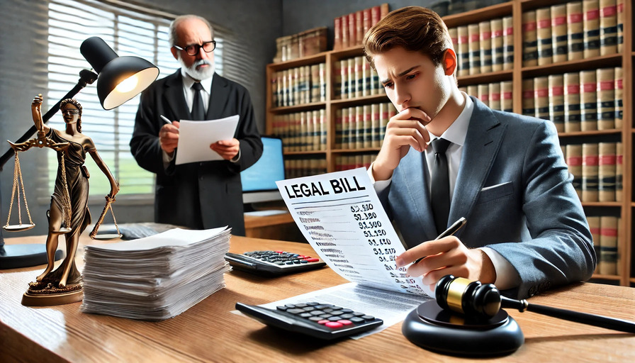 Concerned client reviewing a detailed legal bill at a desk with a stack of documents, calculator, and computer in a law office setting