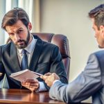 Businessperson consulting with a lawyer about unpaid commissions claims in a professional office setting, highlighting legal assistance for commission disputes