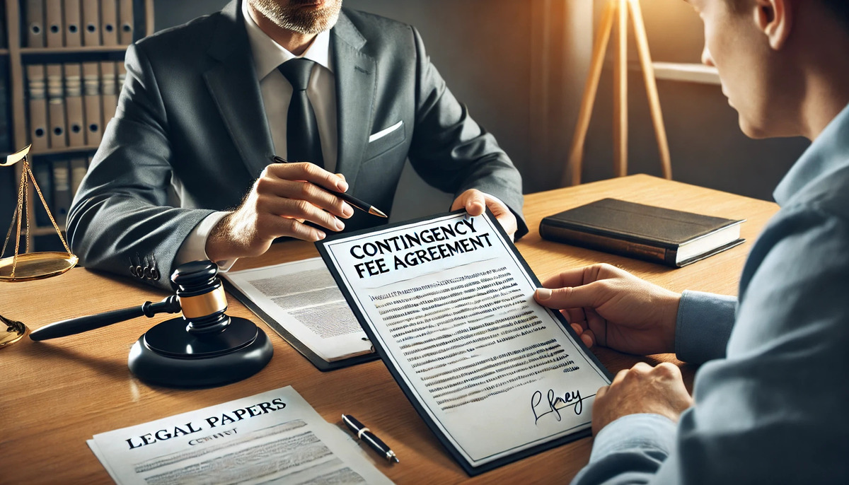 Lawyer explaining a contingency fee agreement to a client in a professional office, emphasizing the importance of understanding legal fee arrangements