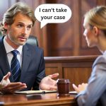 A lawyer in a suit refusing to take a female client’s case, sitting in an office.