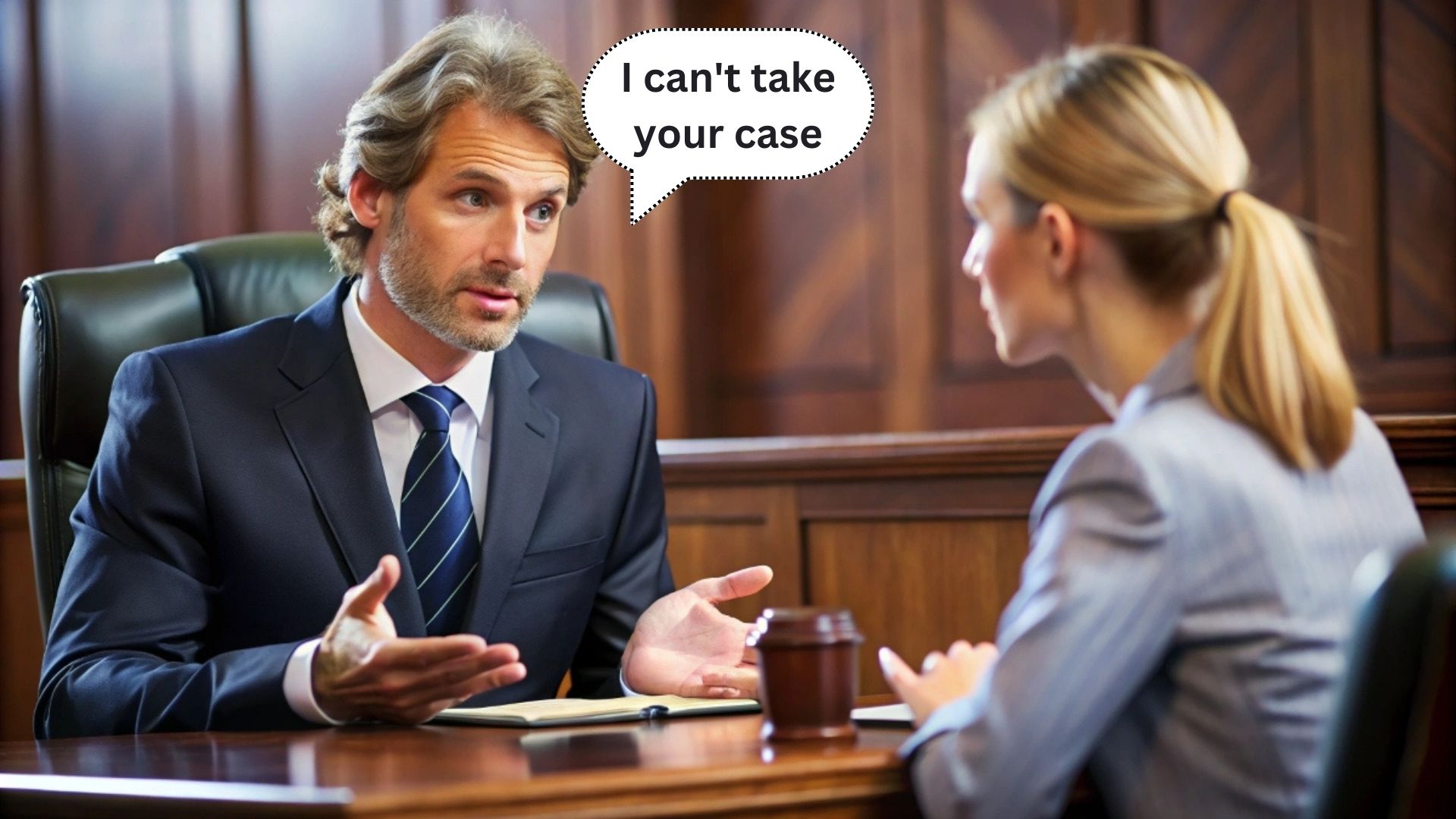 A lawyer in a suit refusing to take a female client’s case, sitting in an office.