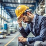 A worried man in a business suit and hard hat, sitting in a factory, representing the emotional and financial stress of wrongful discharge