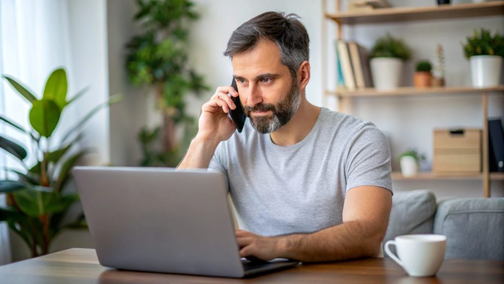 A man sitting at a desk calling his lawyer on the phone, discussing legal matters