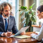 Lawyer consulting with a client in an office about a whistleblower claim, focusing on employment law and contingency representation