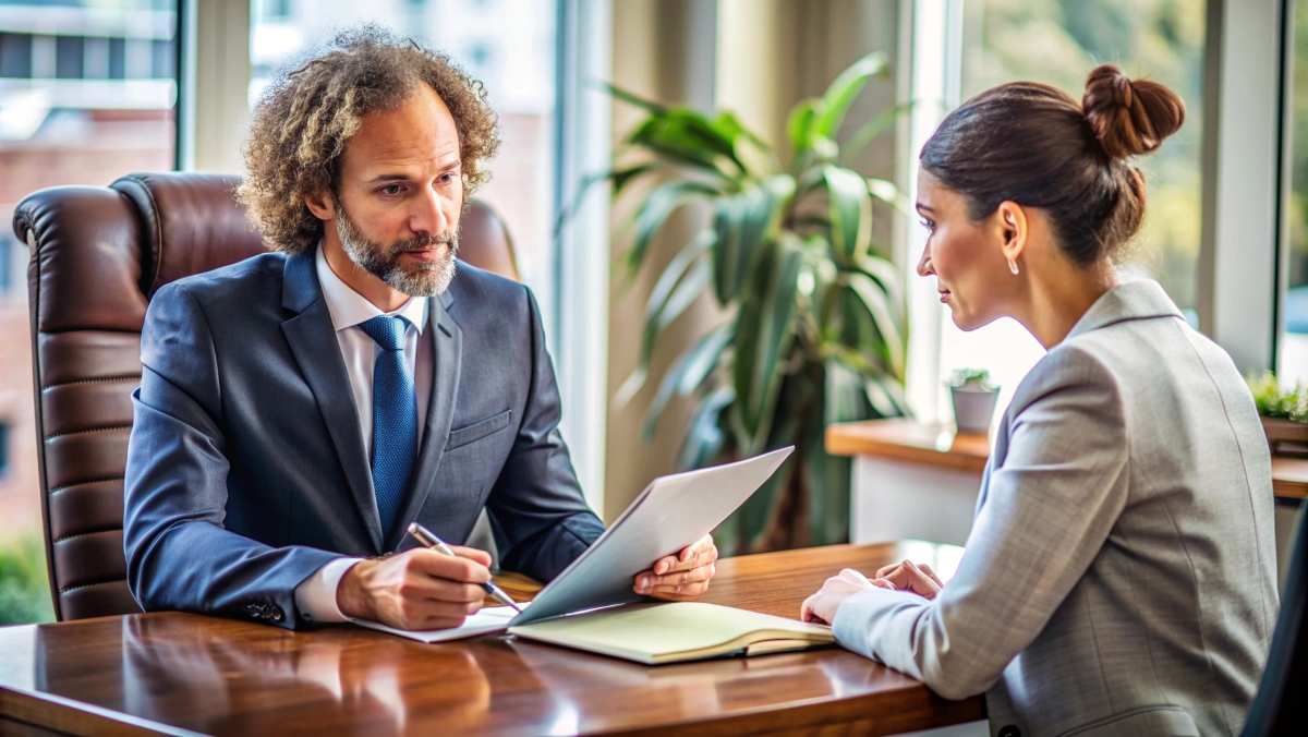 Lawyer consulting with a client in an office about a whistleblower claim, focusing on employment law and contingency representation