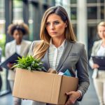 A professional woman in business attire carrying a box with her belongings, symbolizing wrongful termination and the need for legal assistance.