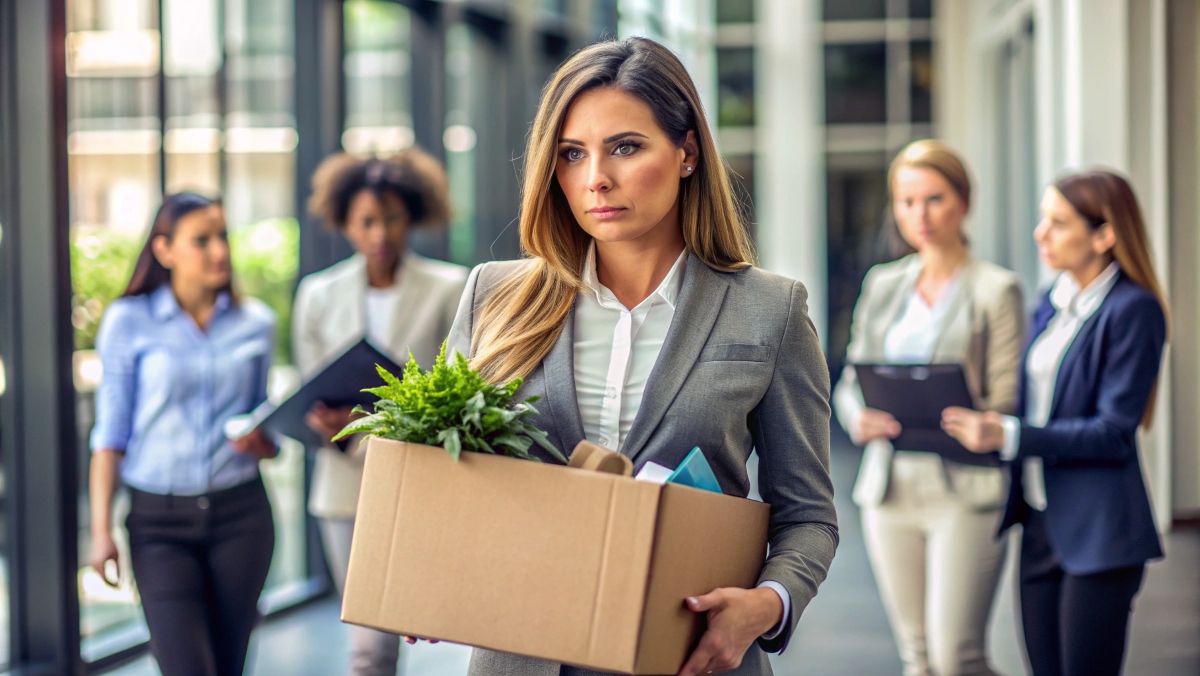 A professional woman in business attire carrying a box with her belongings, symbolizing wrongful termination and the need for legal assistance.