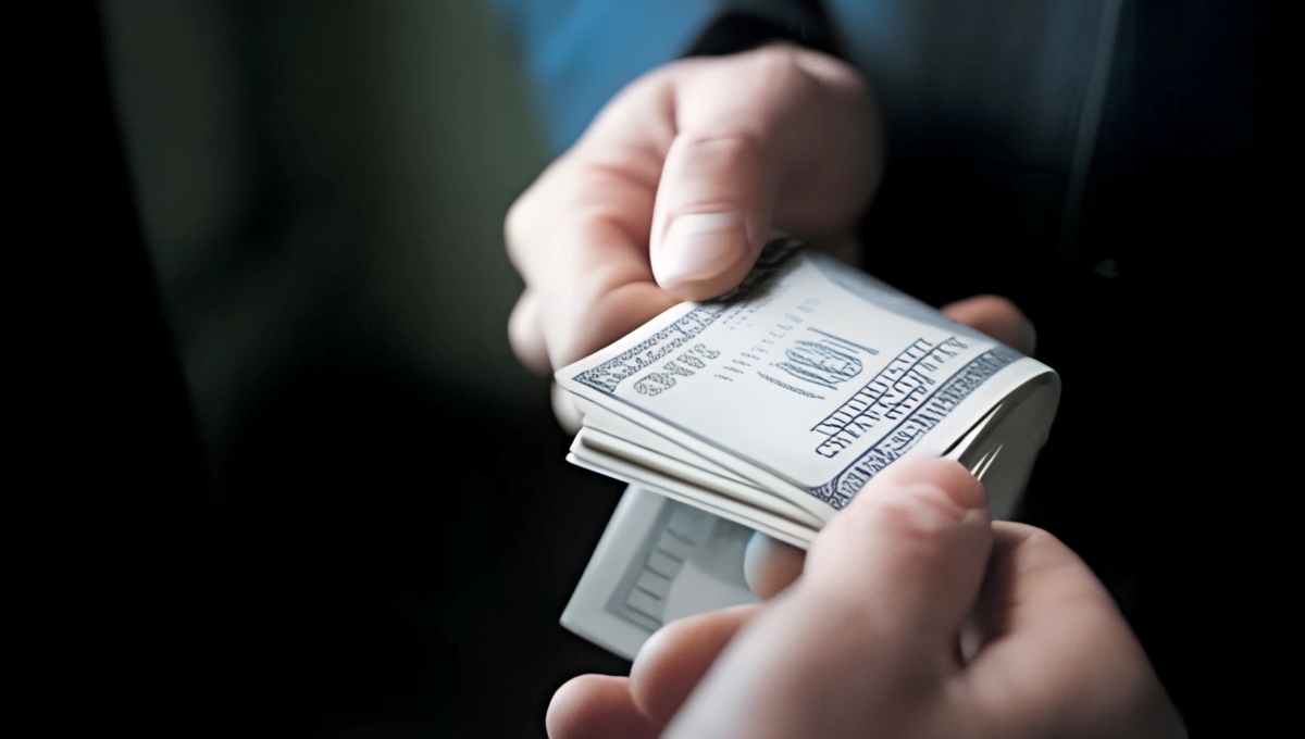 Close-up of hands exchanging a stack of dollar bills, symbolizing legal settlements, whistleblower claims, or financial compensation in legal cases