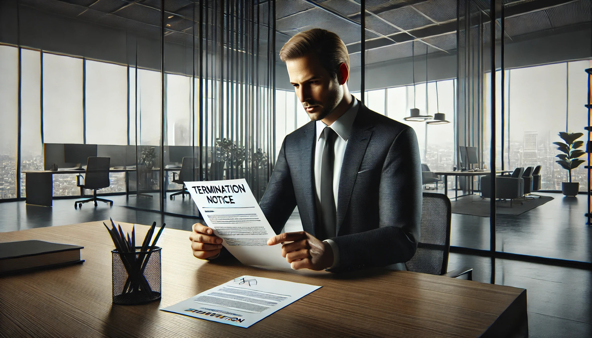 A professional man in a business suit looking concerned while consulting with a lawyer about wrongful termination in a corporate office setting.