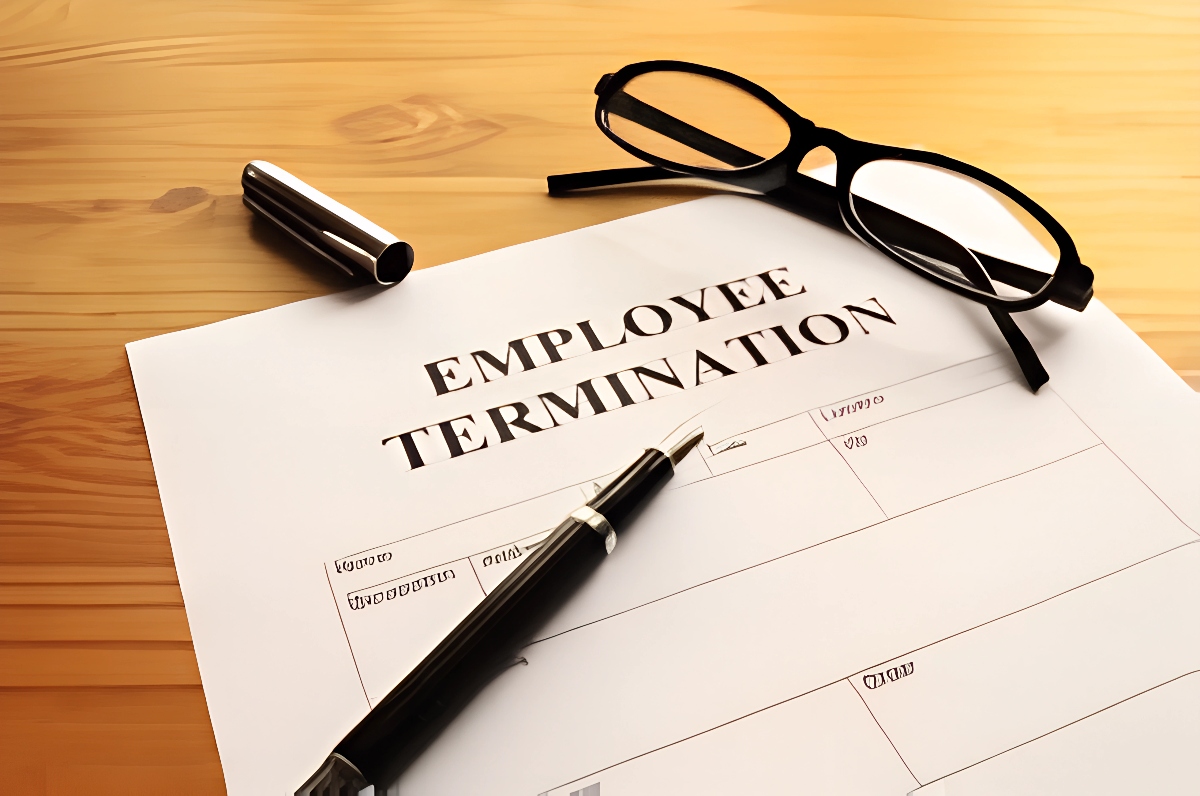 Close-up of an employee termination document with a pen and glasses on a desk.