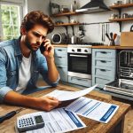 Frustrated homeowner on the phone with home warranty company, reviewing paperwork, with a broken appliance in the background.