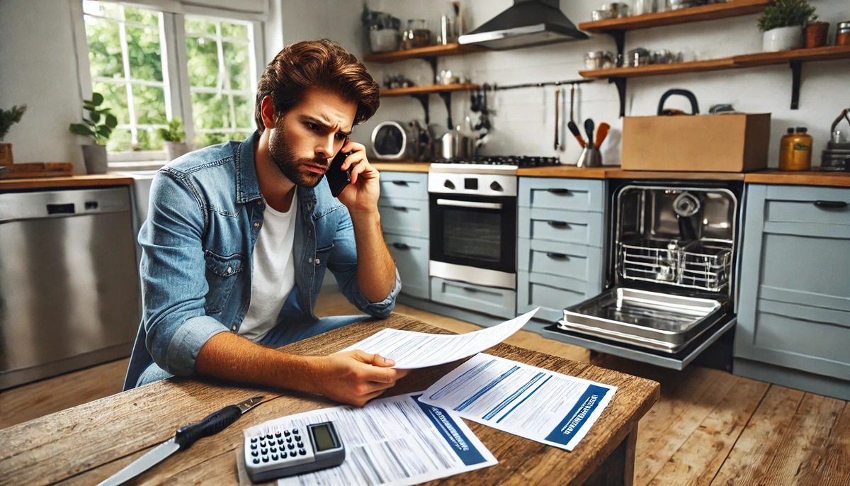 Frustrated homeowner on the phone with home warranty company, reviewing paperwork, with a broken appliance in the background.