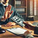 An attorney holding up a hand to decline money offered by a client, symbolizing contingency-based legal services.